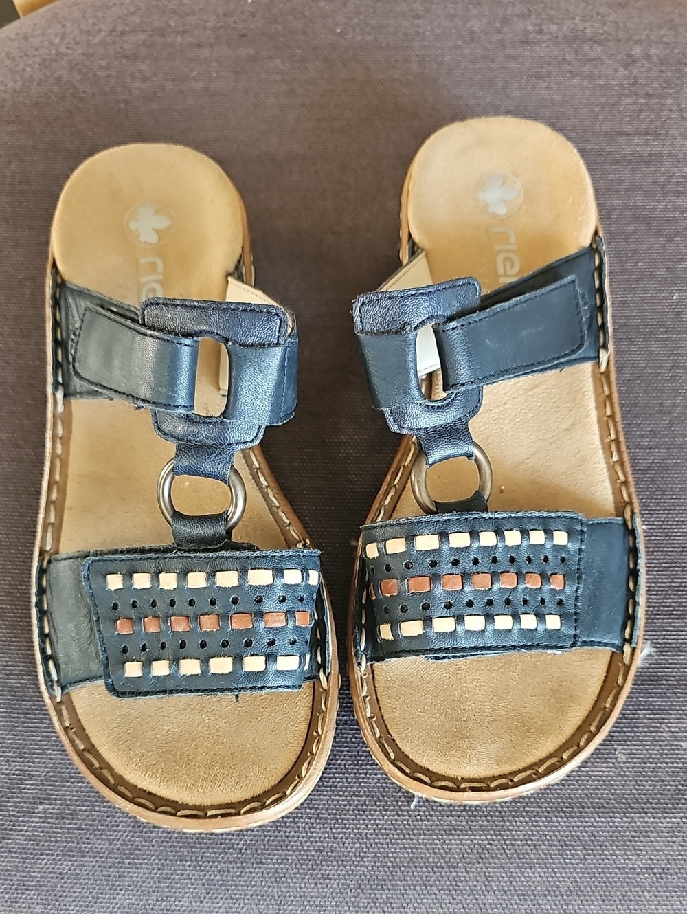 Kids Blue Leather Slide Sandals with Decorative Stitching